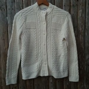CREAM L.L. BEAN MEDIUM CABLE KNIT COTTON BUTTON FRONT CARDIGAN